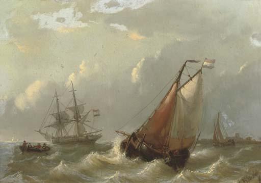 George Willem Opdenhoff - Dutch vessels on choppy waters by a coast