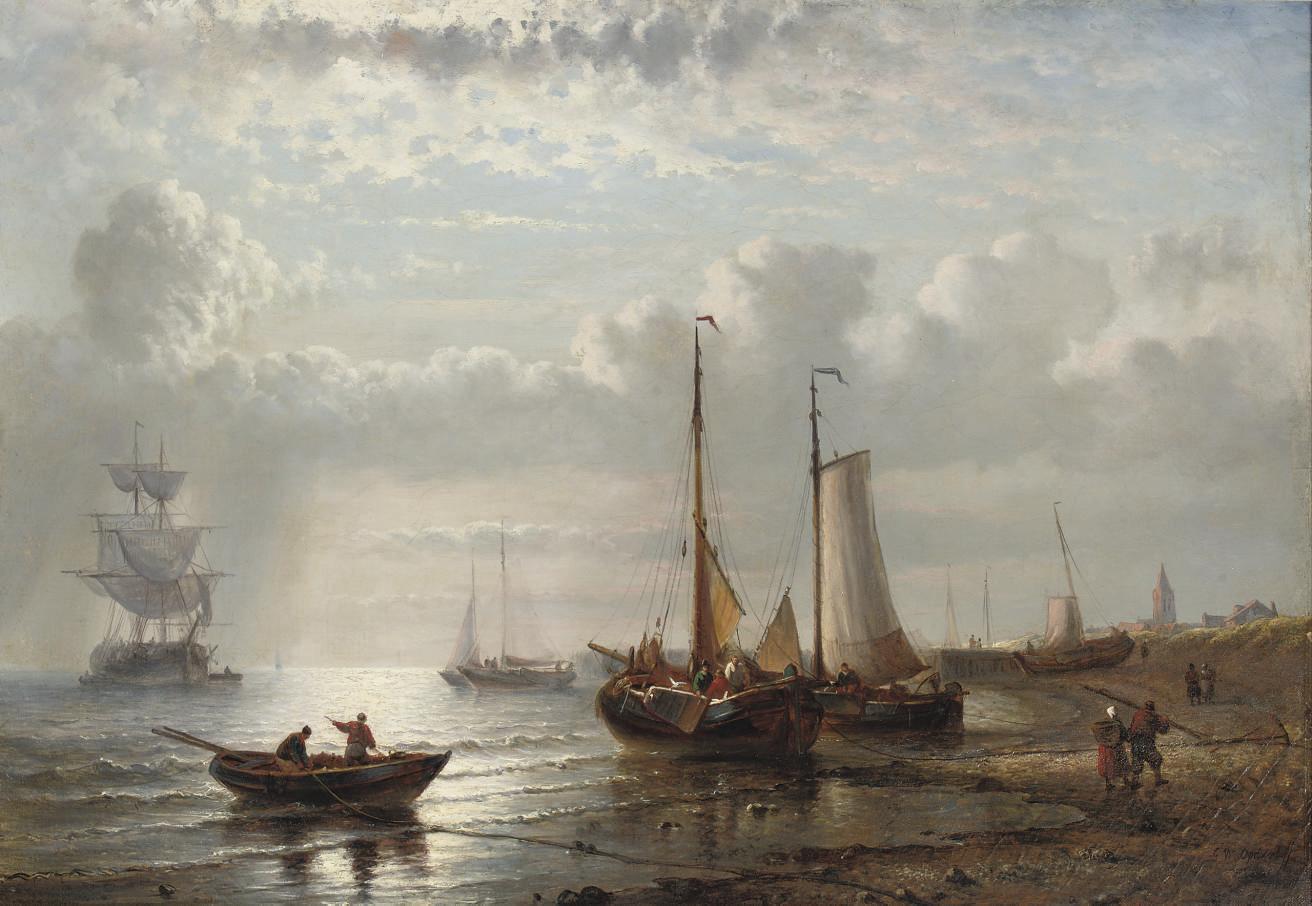 George Willem Opdenhoff - Fishing Vessels Moored By A Coast