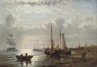 George Willem Opdenhoff - Fishing Vessels Moored By A Coast