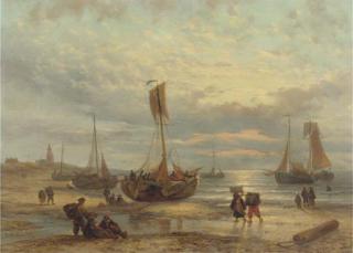 George Willem Opdenhoff - Fishing vessels on the beach at sunset, Scheveningen