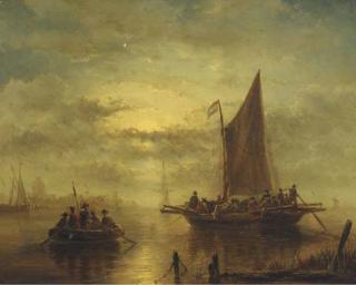 George Willem Opdenhoff - Moored sailingvessels in moonlight