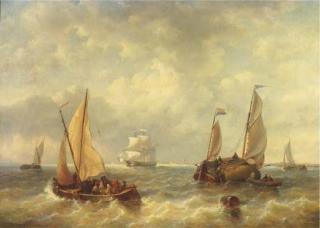 George Willem Opdenhoff - Shipping activity in a river estuary
