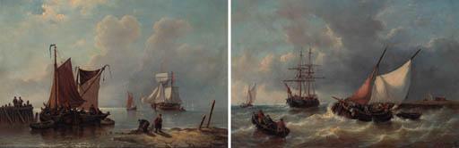George Willem Opdenhoff - Shipping in a calm; Shipping on a choppy sea