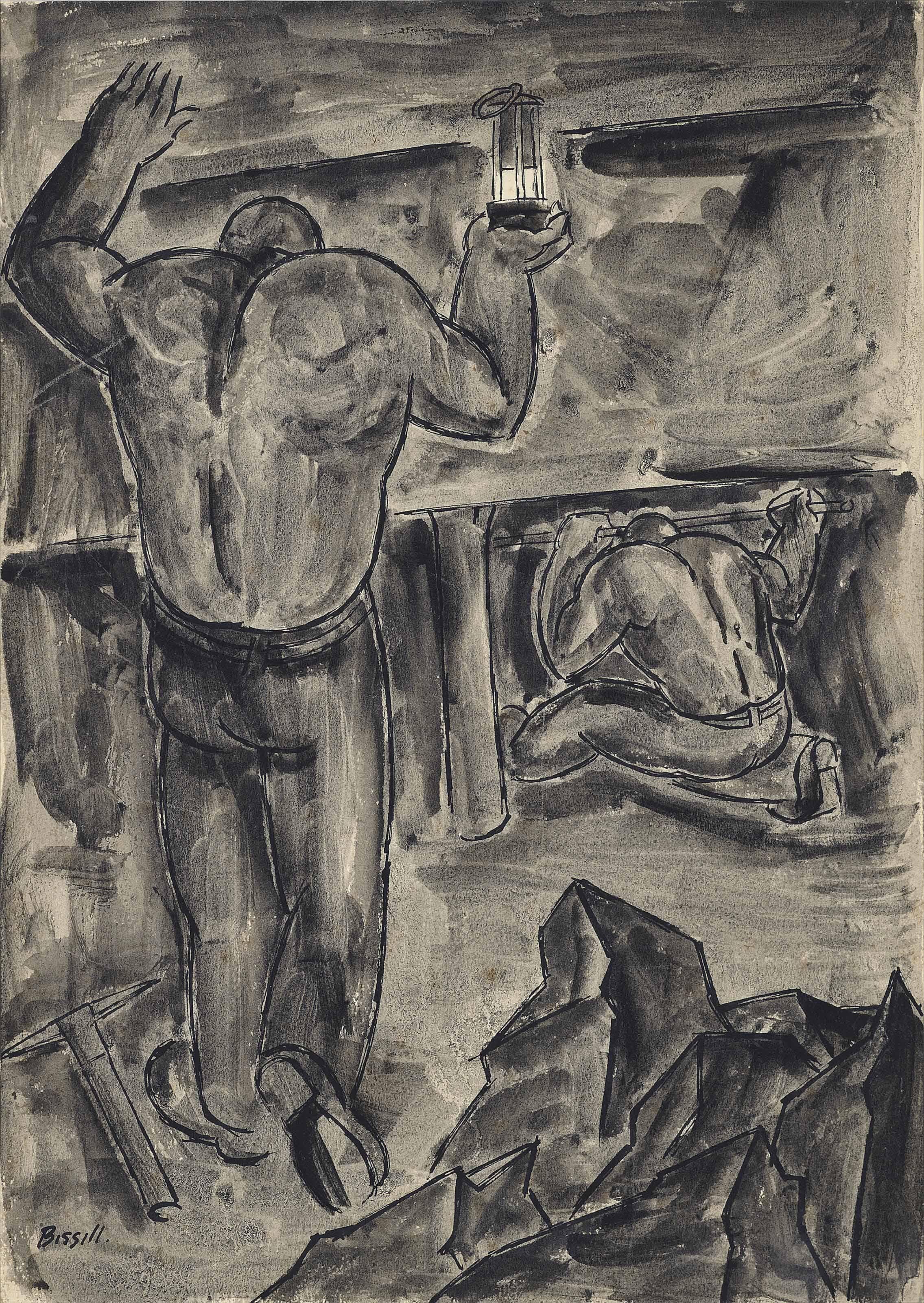 George William Bissill - Checking The Props; Miners At Work