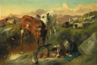 George William Horlor - Calves and black-faced ewes with a sheepdog