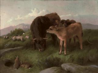 George William Horlor - Cattle, sheep and rabbits on a hillside