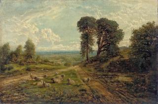 George William Mote - A flock of sheep in an extensive landscape