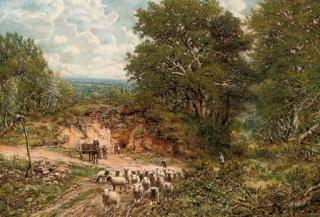 George William Mote - A shepherd and his flock on a country road