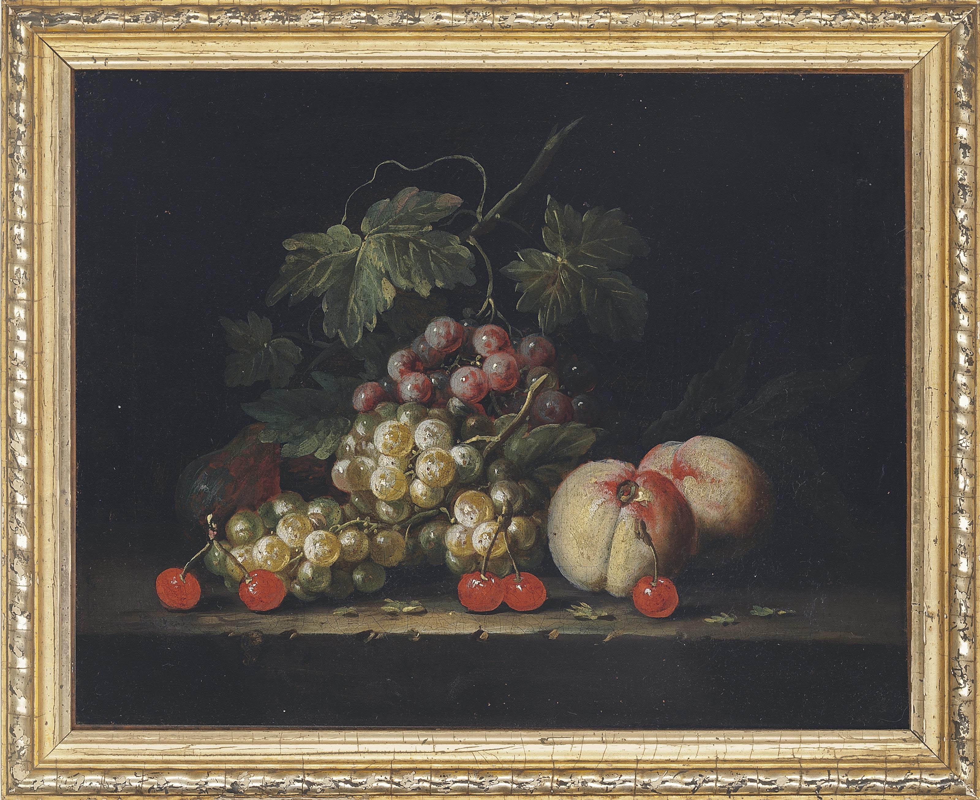 George William Sartorius - Grapes, Peaches And Cherries On A Stone Ledge