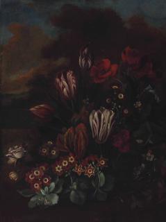 George William Sartorius - Sill Life With Tulips, And Other Flowers With A Frog And A Forest Floor
