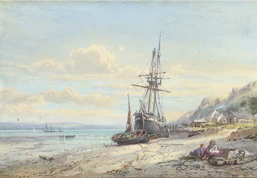 George Wolfe - A moored tallship in a river estuary, Britain, children playing in the foreground