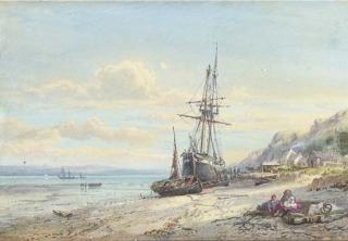 George Wolfe - A moored tallship in a river estuary, Britain, children playing in the foreground