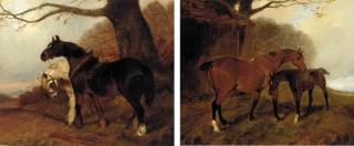 George Wright - A Brood Mare And Foal By A Barn In A Wooded Landscape; And Two Shire Horses In A Wooded Track