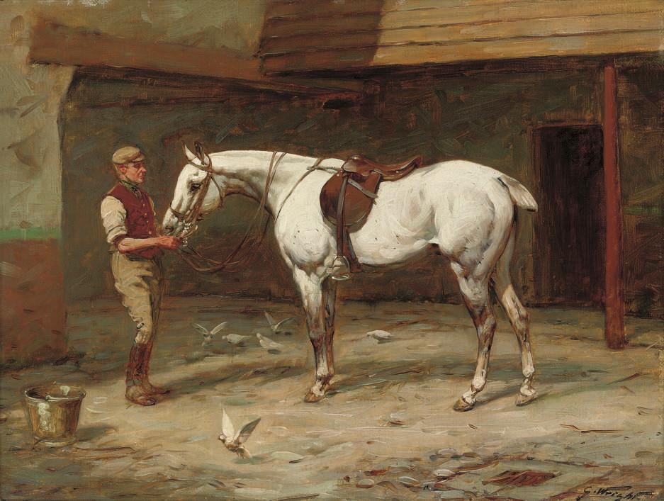 George Wright - Grey Hunter And Groom In A Stable Yard