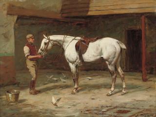 George Wright - Grey Hunter And Groom In A Stable Yard