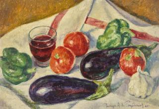 Georges A. De Pogedaieff - Still Life With Red Wine And Vegetables