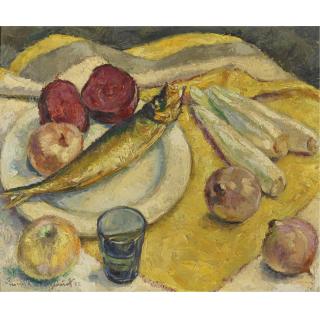 Georges Anatolievich Pogedaieff - Russian Still Life With Herring On A Yellow Tablecloth, 1962