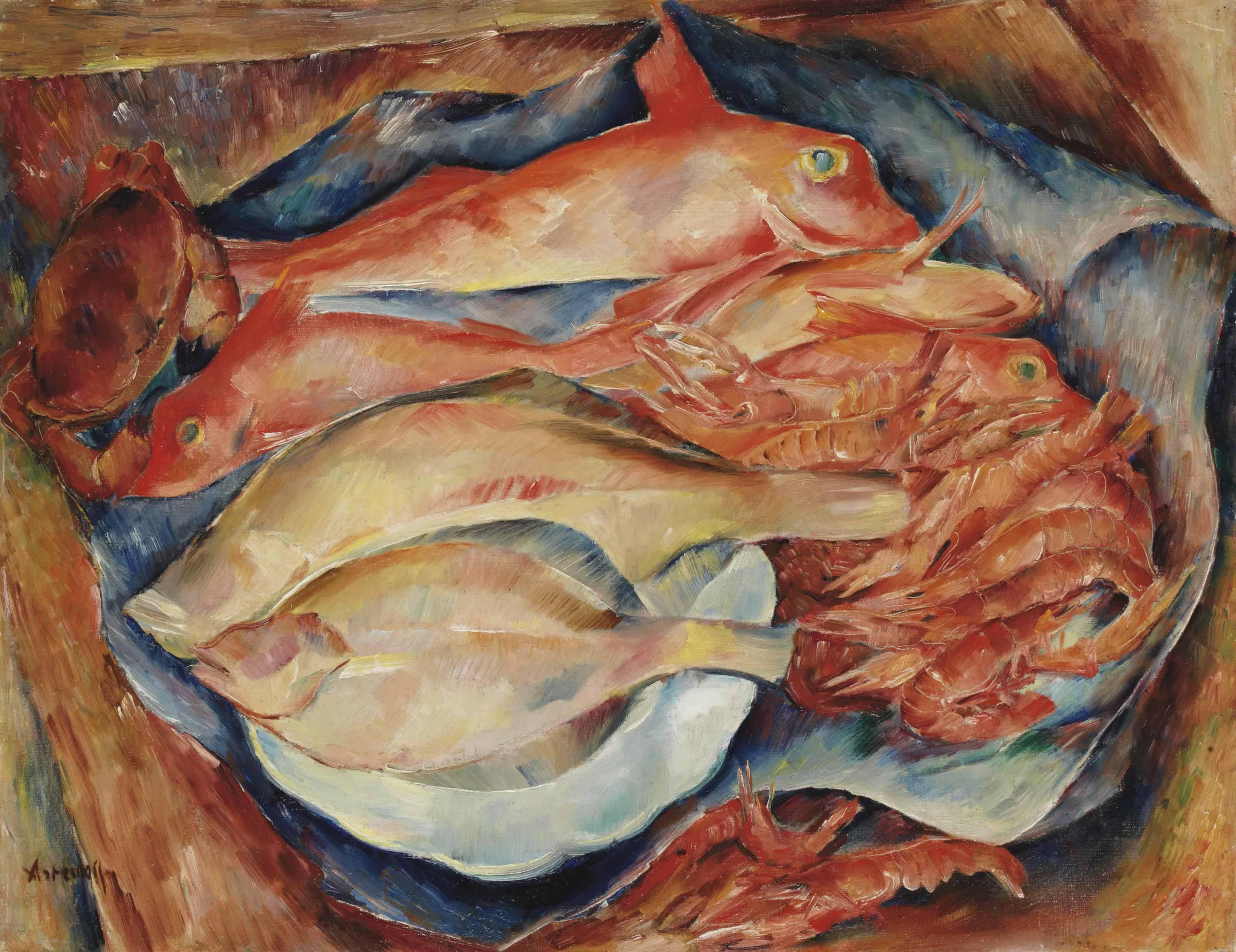 Georges Artemoff - Still life with crab, red mullet, prawns, dabs and langoustine