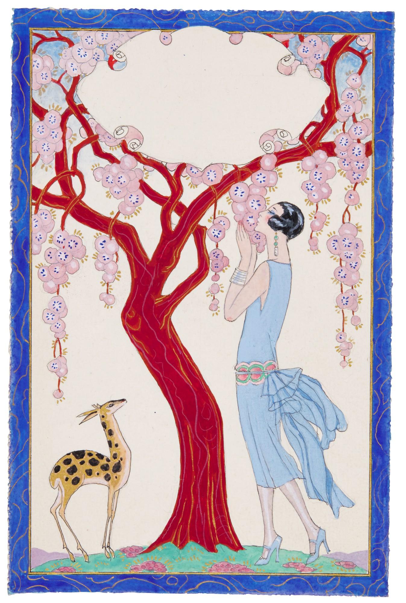 Georges Barbier - Femme, Faon Et Arbre Rouge