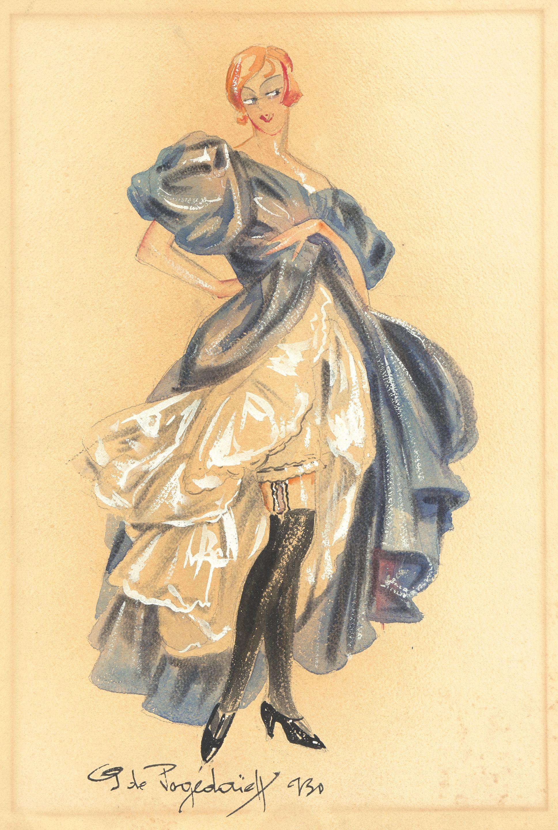 Georges de Pogedaieff - A costume design for a cabaret character in a blue ballgown 48.6 x 35.2cm (19 1/8 x 13 7/8in).