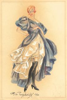 Georges de Pogedaieff - A costume design for a cabaret character in a blue ballgown 48.6 x 35.2cm (19 1/8 x 13 7/8in).