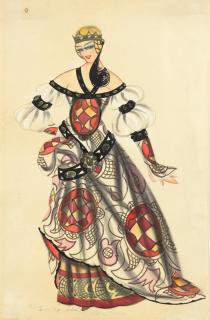 Georges de Pogedaieff - A design for cabaret costume for a court lady in medieval dress 46 x 29.8cm (18 1/4 x 11 3/4in).