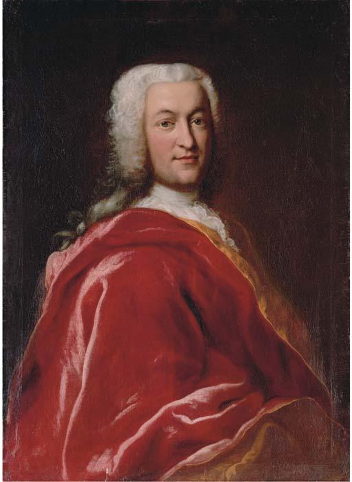 Georges Desmarées - Portrait of a gentleman, half-length, in a red velvet mantle, wearing a wig