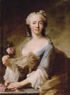 Georges Desmarées - Portrait of a lady, half-length, in a blue dress with white lace sleeves and trimming, holding a pink rose in each hand, with flowers in her hair