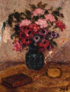 Georges D\'Espagnat - Roses and anemonies in a vase on a table