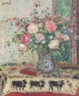 Georges D\'Espagnat - Vase de fleurs au livre rouge sur un foulard orné de vaches