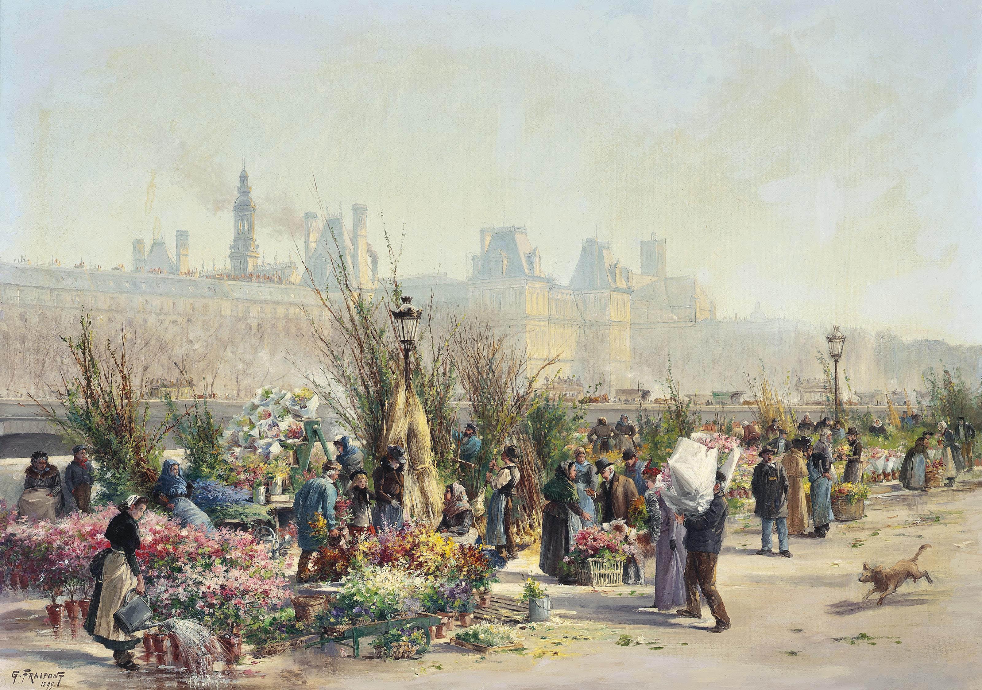 Georges Fraipont - A Flower Market On The Seine, The Louvre Beyond