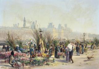 Georges Fraipont - A Flower Market On The Seine, The Louvre Beyond