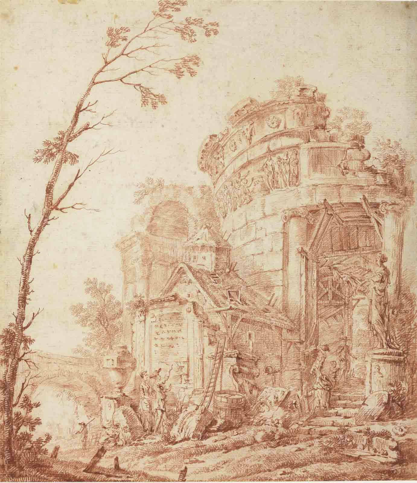 Georges-François Blondel - A couple admiring a circular Roman temple and other ruins