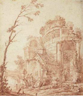 Georges-François Blondel - A couple admiring a circular Roman temple and other ruins