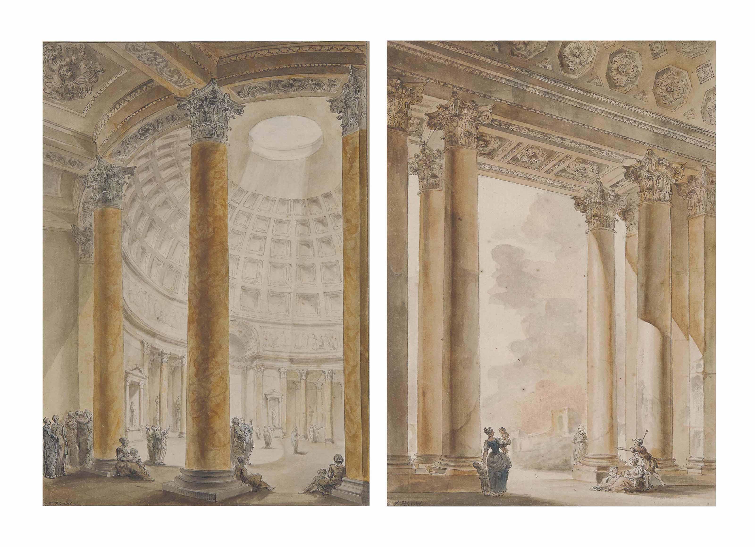 Georges-François Blondel - Intérieur du Panthéon à Rome ; et Vue intérieure du portique de l\'église Santa Maria Maggiore à Rome
