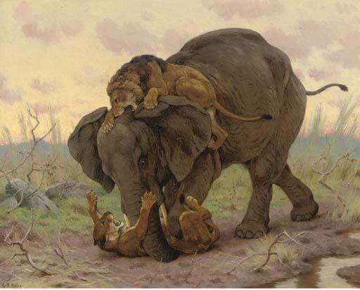 Georges Frédéric Rotig - An Elephant Fighting Two Lions
