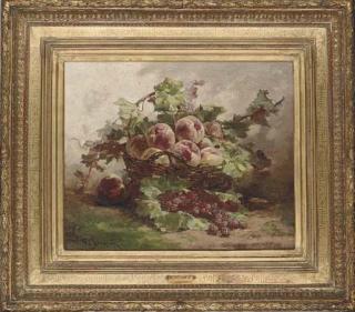 Georges Jeannin - A basket of peaches by raspberries on a mossy bank