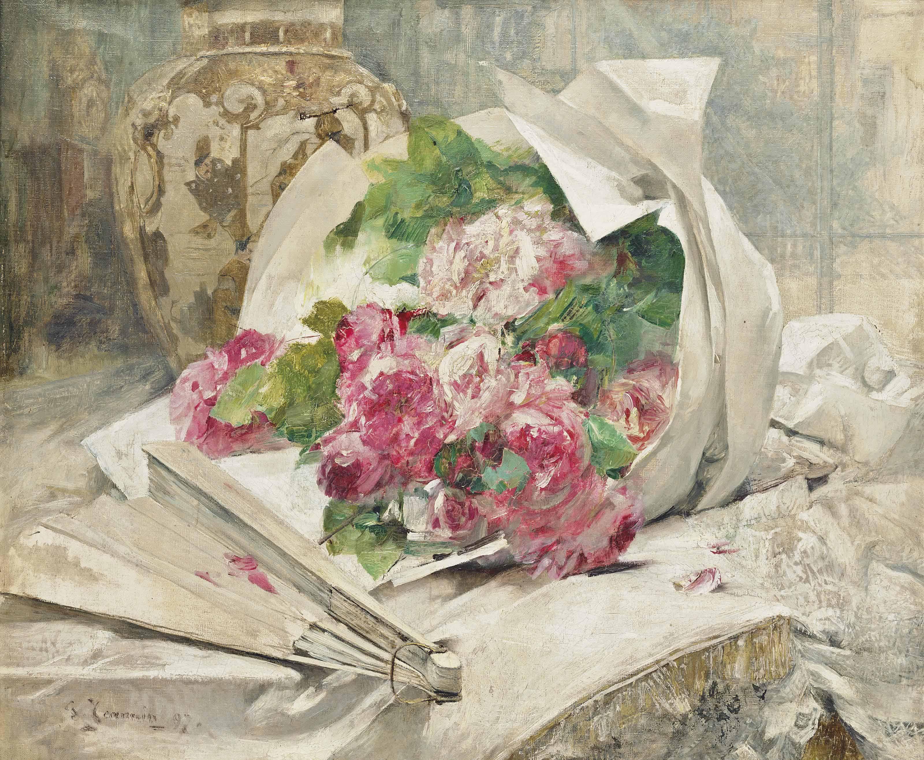 Georges Jeannin - A Bouquet Of Flowers With A Vase And A Fan