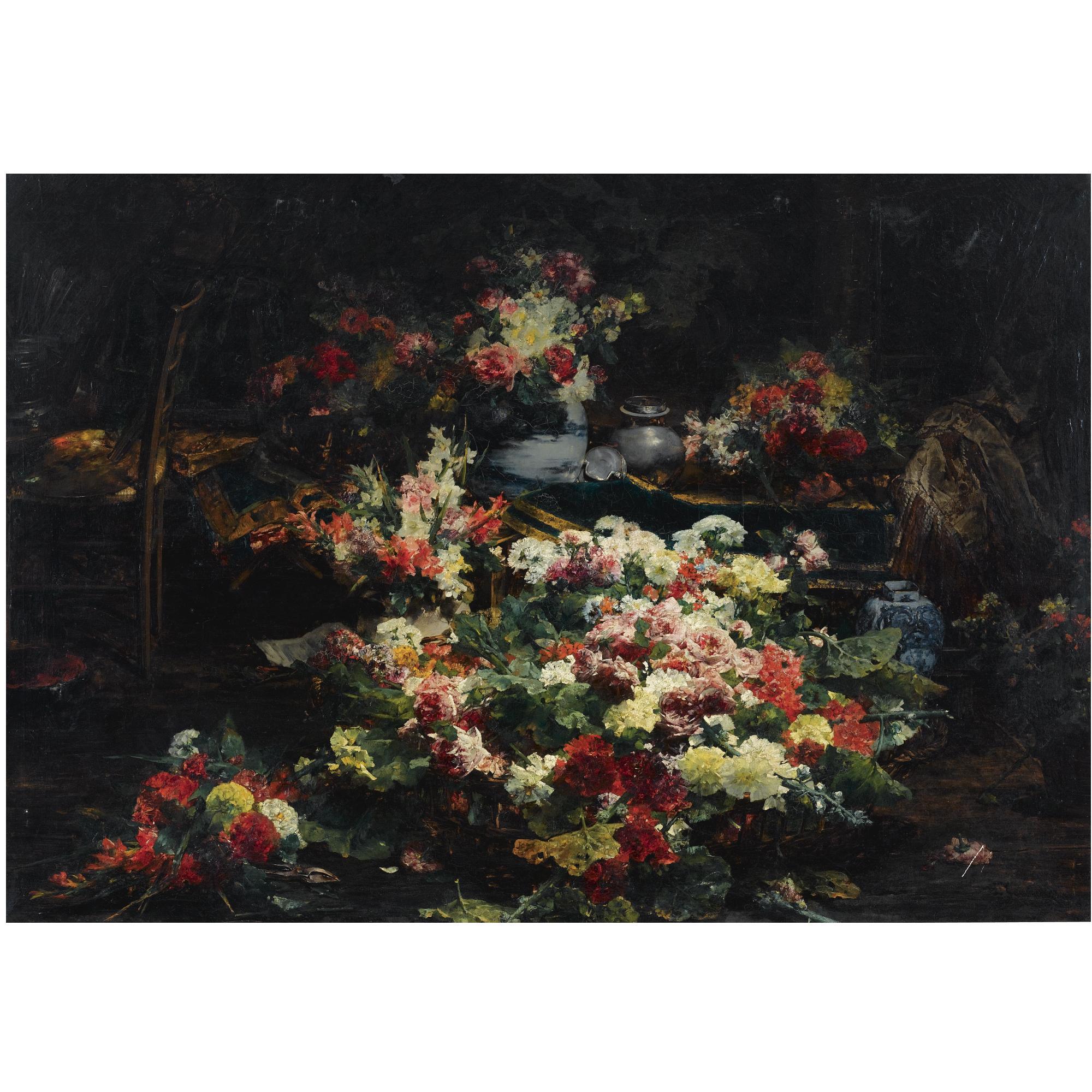 Georges Jeannin - French An Abundance Of Flowers In The Artist\'S Studio
