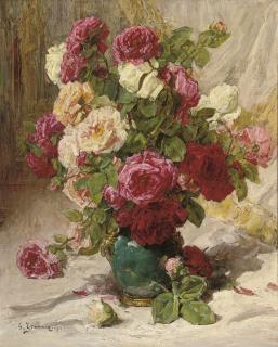 Georges Jeannin - Red, yellow and white roses in a green vase