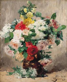 Georges Jeannin - Roses, Chrysanthemums And Other Summer Blooms In A Vase