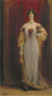 Georges Jules Victor Clairin - Portrait of Cléo de Mérode (1874-1965), small full-length, in a lilac and yellow dress