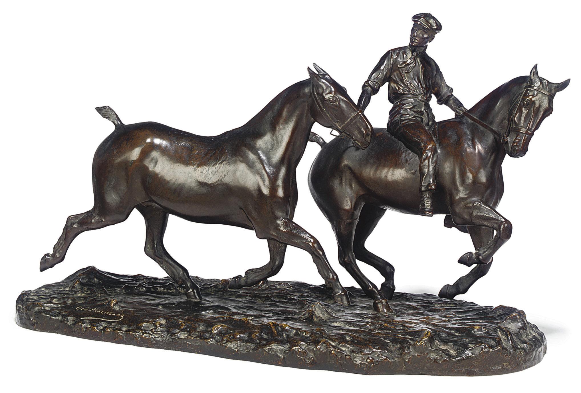 Georges Malissard - Valet d\'écurie et chevaux à l\'entraînement (A groom exercising two colts)