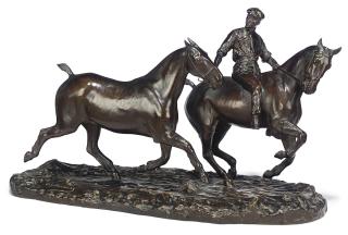 Georges Malissard - Valet d\'écurie et chevaux à l\'entraînement (A groom exercising two colts)