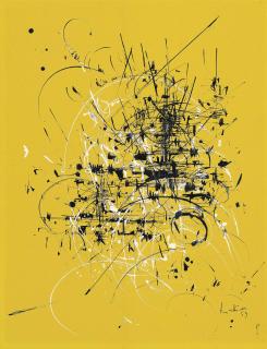 Georges Mathieu - Composition noir et blanc sur jaune (Black and white composition on yellow)