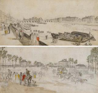Georges Michel - Vue de la Seine à Paris avec l\'hôtel de la Monnaie et l\'île de la Cité à l\'arrière-plan (recto); Paysage avec calèches, cavaliers et de nombreuses figures, des bâtiments à l\'arrière-plan (verso)