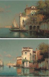Georges-Noel Bouvard - A Sunlit Venetian Backwater; And A Gondolier On A Venetian Backwater
