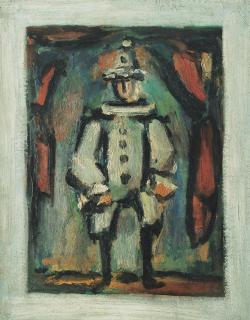 Georges Rouault - Pierrot debout aux rideaux rouges, entrée en scène