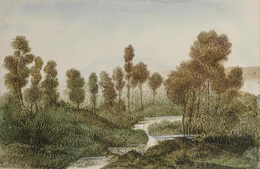 Georges Sand - Paysage arboré traversé par une rivière, des montagnes à l\'arrière-plan
