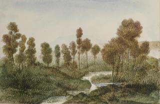 Georges Sand - Paysage arboré traversé par une rivière, des montagnes à l\'arrière-plan